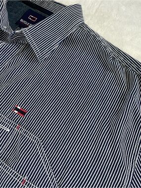 BUGLE BOY Men's 2XL Shirt Vintage Railroad Striped Blue 90s Y2K Long Sleeve